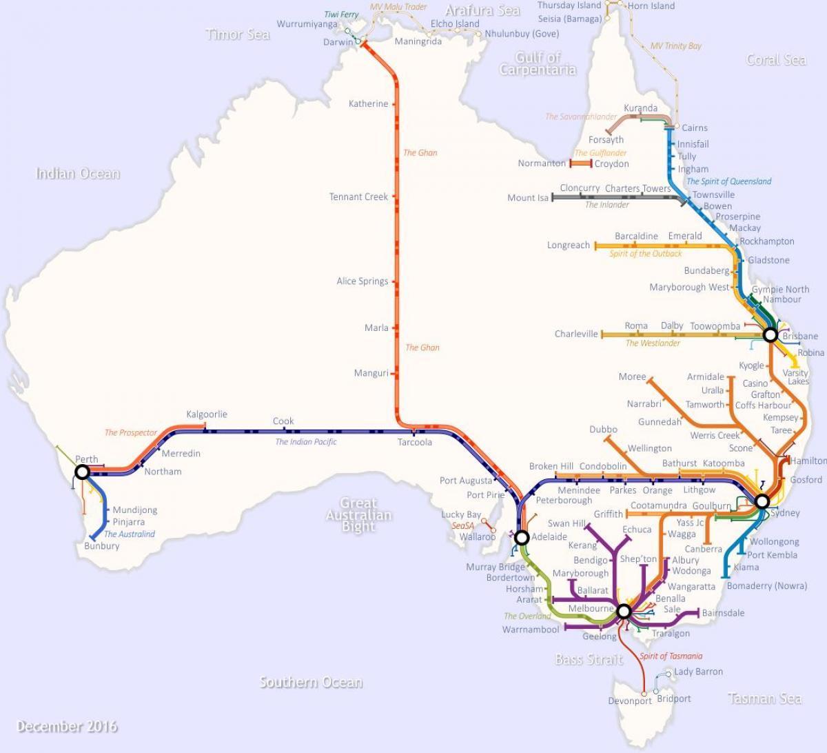 Mappa delle linee ferroviarie dell'Australia